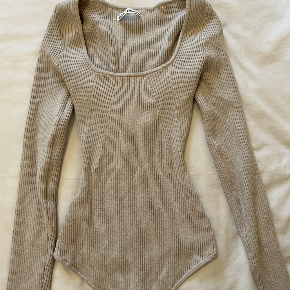 Abercrombie & Fitch Beige XS Long-Sleeve Cream Squareneck Sweater Bodysuit